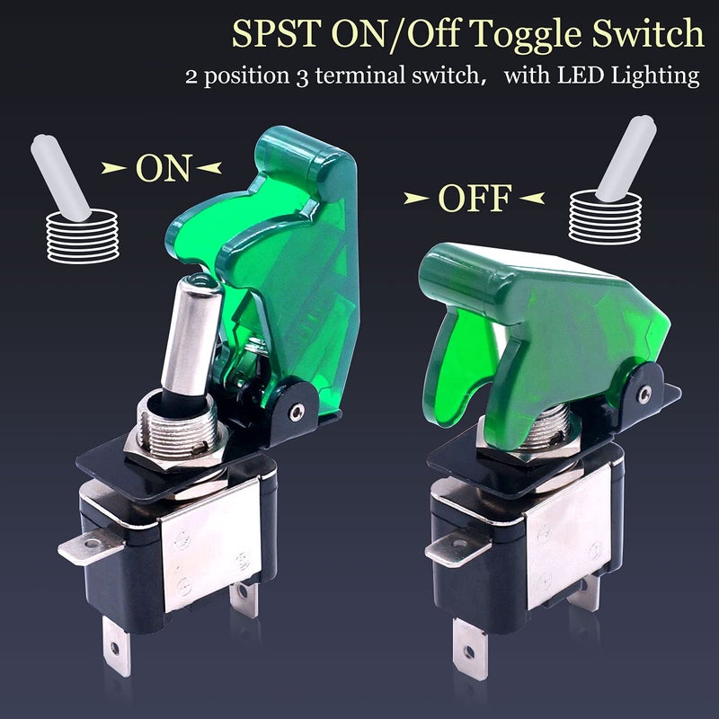 Twidec/3Pcs Rocker Toggle Switch 12V 20A Heavy Duty Racing Car Automative Auto SPST ON/Off Toggle Switch Green LED Illuminated 3Pin with Green Waterproof Safety Cover ASW-07DGGMZ - Image 3